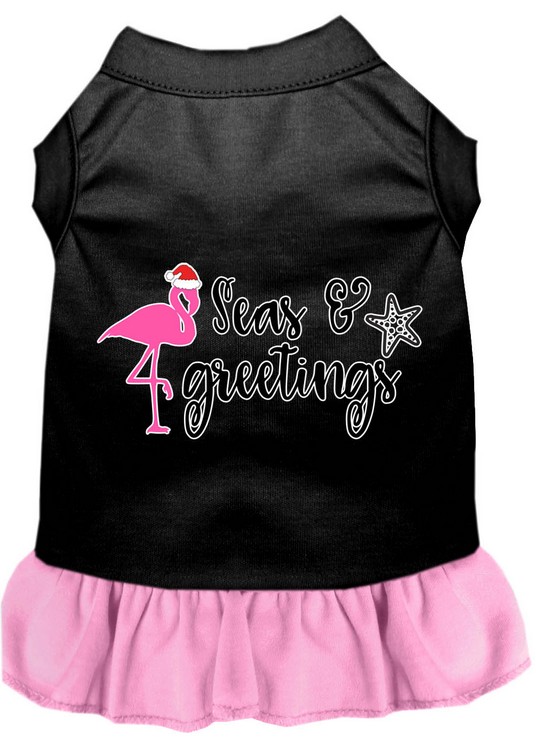 Seas and Greetings Screen Print Dog Dress Black with Light Pink Lg